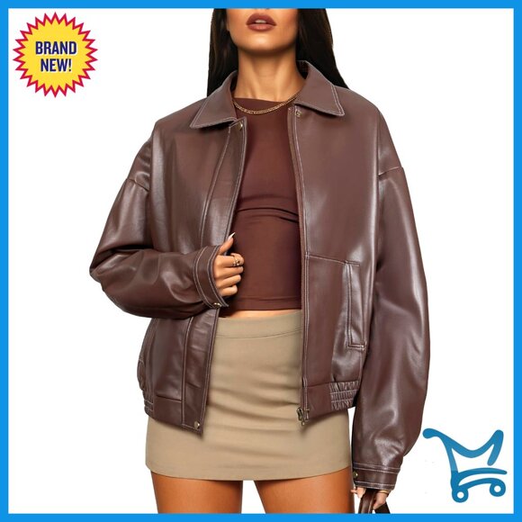 Faux Leather Motorcycle Jacket Oversized Bomber Zip Up Fall Winter